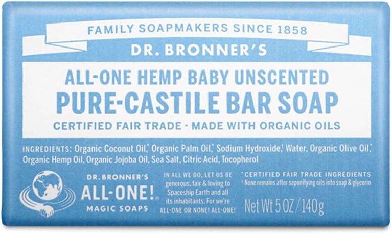 Dr Bronner's 3-in-1 Baby Unscented Pure-Castile Bar Soap, Made with Organic Oils with No Synthetic Fragrances, Used for Face, Body and Hair, Certified Fair Trade & Vegan Friendly, 140g Bar