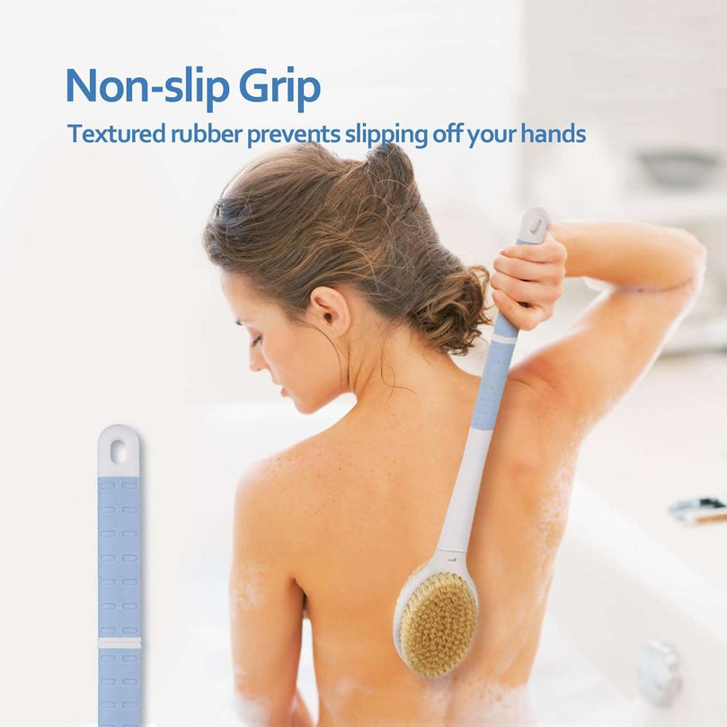 Body Shower Brush Back Scrubber: Anti Slip Long Handle Bath Brush with Stiff and Soft Bristles - Showering Exfoliator for Women, Men, Elderly (Blue)