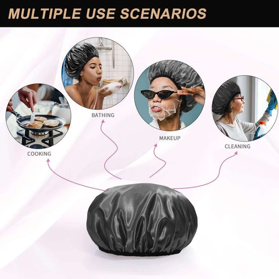 Aquior Shower Cap, Extra Large Shower Cap for Men, Satin EVA Double Layer Waterproof Reusable Hair Cap for Women Long Hair(All Black 4 Pack)