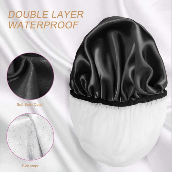 Aquior Shower Cap, Extra Large Shower Cap for Men, Satin EVA Double Layer Waterproof Reusable Hair Cap for Women Long Hair(All Black 4 Pack)