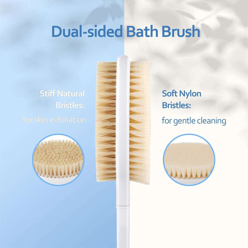 Body Shower Brush Back Scrubber: Anti Slip Long Handle Bath Brush with Stiff and Soft Bristles - Showering Exfoliator for Women, Men, Elderly (Blue)