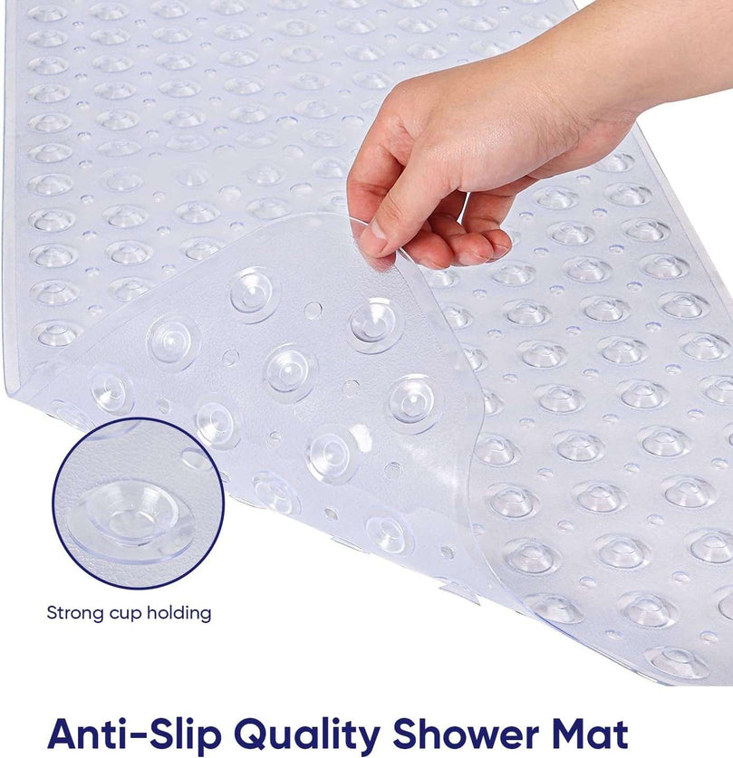 Hafaa Shower Bath Mat Non Slip Anti Mould & Mildew - Long Rubber Bathroom Mat 70x38cm with Strong Suction Cups Grip - Easy Drain and Machine Washable Soft Bathtub Mats (Clear)
