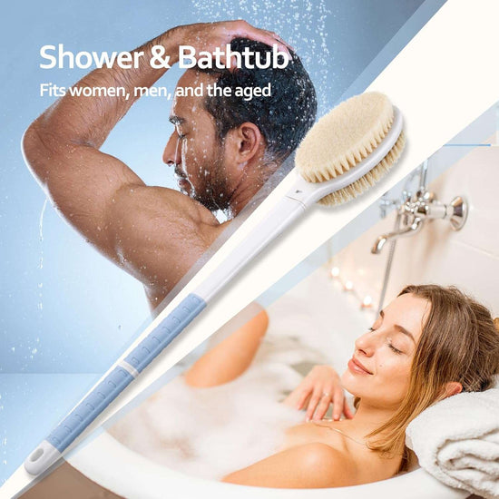 Body Shower Brush Back Scrubber: Anti Slip Long Handle Bath Brush with Stiff and Soft Bristles - Showering Exfoliator for Women, Men, Elderly (Blue)
