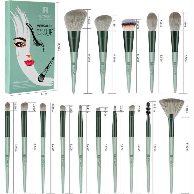 15-Piece Premium Green Makeup Brush Set with Stylish Conical Handles