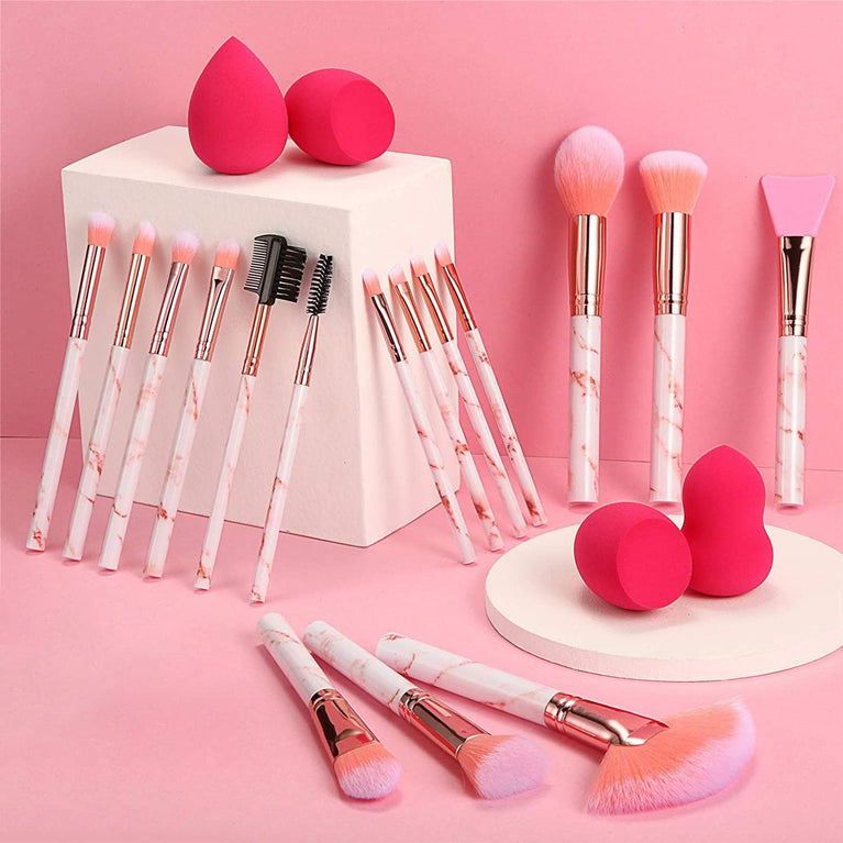 Marble Makeup Brush Set with 15PCs Brushes and Makeup Sponge - Professional Beauty Kit for Flawless Makeup Application