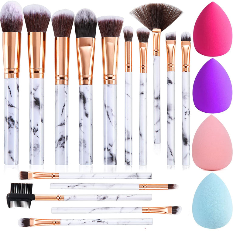 Marble Makeup Brush Set with 15PCs Brushes and Makeup Sponge - Professional Beauty Kit for Flawless Makeup Application