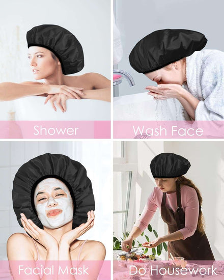 Aquior Shower Cap,Extra Large Triple Layer Bathing Cap with Dry Hair Function for Women Microfiber Terry Cloth Silky Satin 100% Waterproof Reusable Long Hair Bath Caps