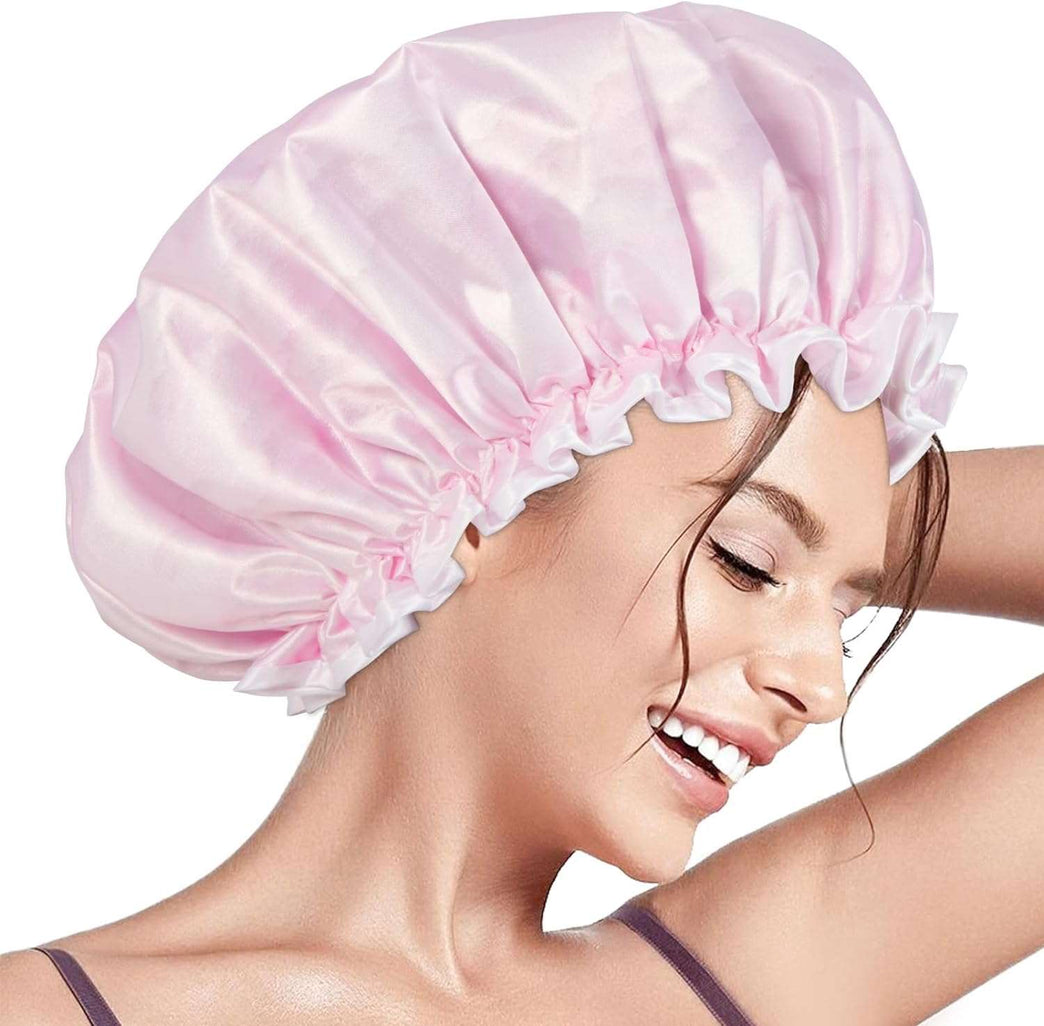 Aquior Shower Caps, Reusable Shower Cap for Women, Double Layer Waterproof Hair Cap, Large Size for All Hair Lengths,for Girls Spa Home Salon Use (Pink Cloud)