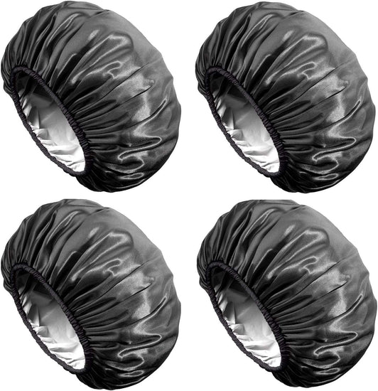 Aquior Shower Cap, Extra Large Shower Cap for Men, Satin EVA Double Layer Waterproof Reusable Hair Cap for Women Long Hair(All Black 4 Pack)