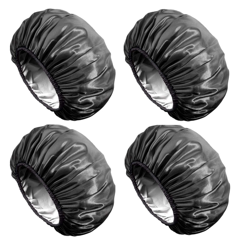 Aquior Shower Cap, Extra Large Shower Cap for Men, Satin EVA Double Layer Waterproof Reusable Hair Cap for Women Long Hair(All Black 4 Pack)