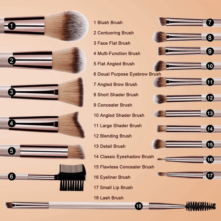 Champagne Gold Makeup Brush Set - 18 Piece Professional Cosmetic Brushes for Foundation, Blending, and Contouring