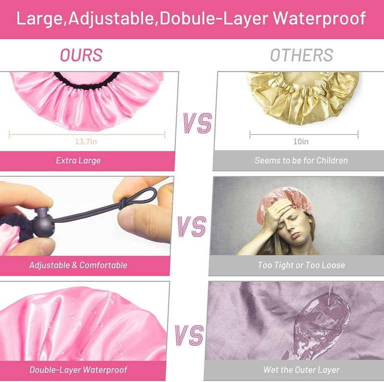 Auban Shower Cap for Women, Adjustable Reusable, Extra Large, Double-Layer Waterproof Bathing cap, Waterproof Exterior, EVA Lining, Hair Cap for All Hair lengths, 3 Colors