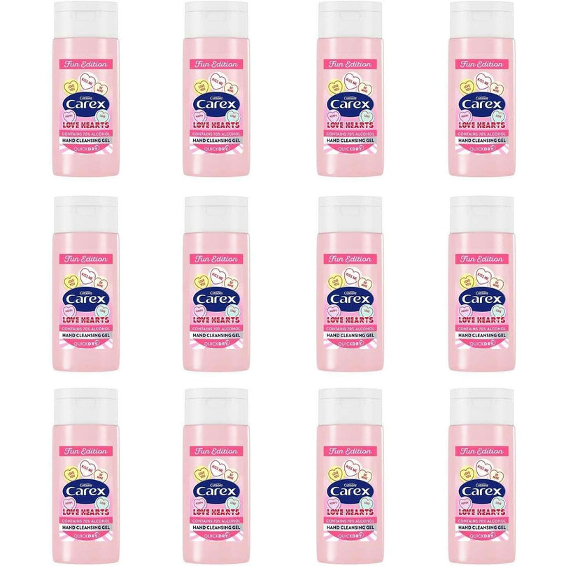 Carex Love Hearts Cleansing Hand Gel Pack of 12, Refreshing Hand Gels with 70% Alcohol, Fun Editions Scented Hand Gel that Cleans, Cares and Protects, 50 ml