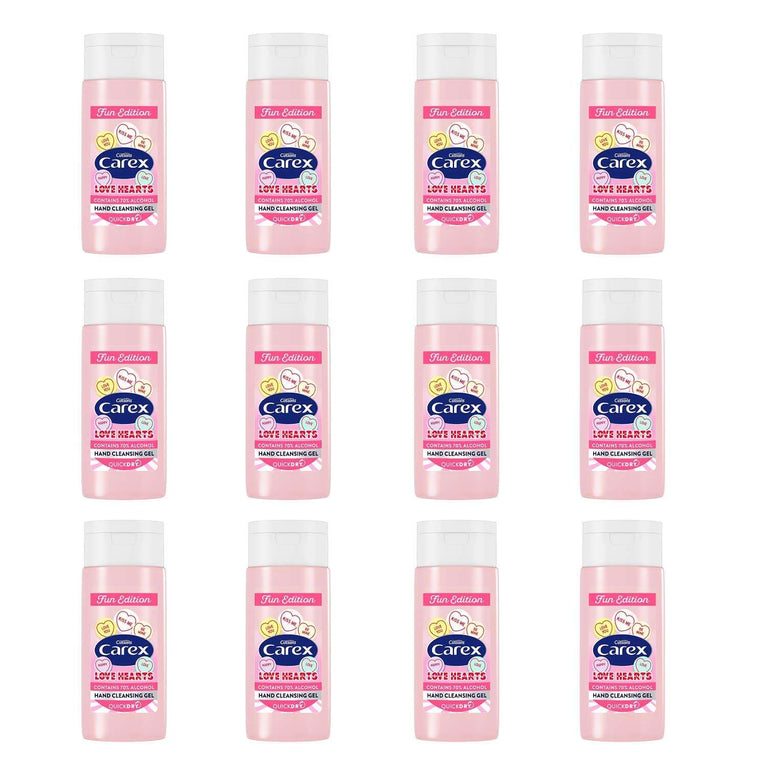 Carex Love Hearts Cleansing Hand Gel Pack of 12, Refreshing Hand Gels with 70% Alcohol, Fun Editions Scented Hand Gel that Cleans, Cares and Protects, 50 ml