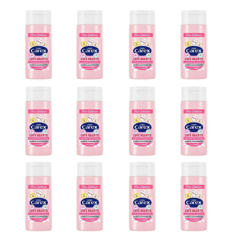 Carex Love Hearts Cleansing Hand Gel Pack of 12, Refreshing Hand Gels with 70% Alcohol, Fun Editions Scented Hand Gel that Cleans, Cares and Protects, 50 ml