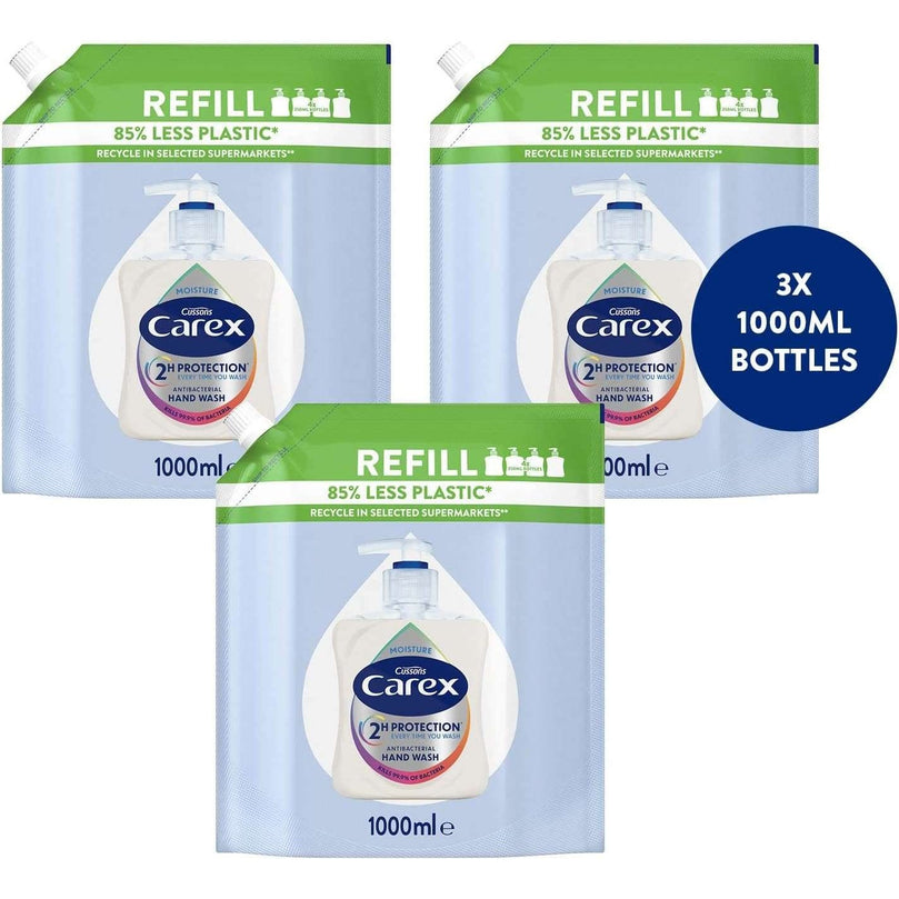 Carex 2 Hour Protection Antibacterial Moisture Hand Wash Refills, Liquid Hand Soap Eco Refill for Homes & Businesses, Caring Hand Wash, Bulk Buy, Pack of 3 x 1 litre