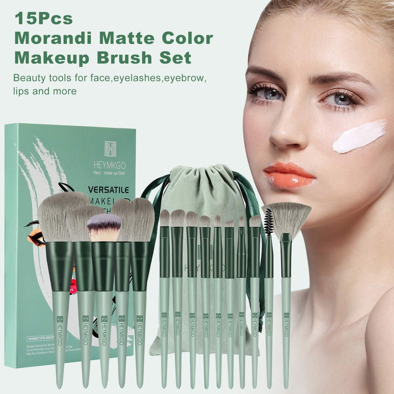 15-Piece Premium Green Makeup Brush Set with Stylish Conical Handles