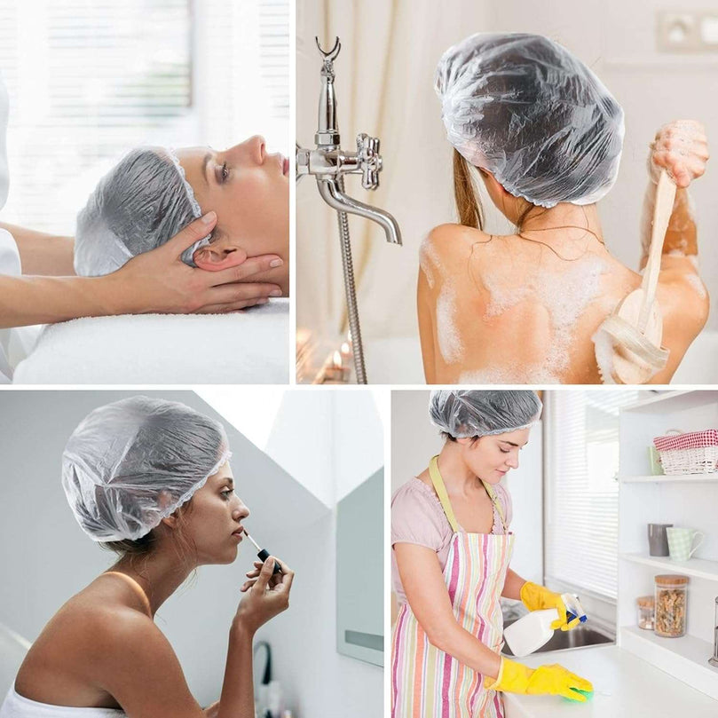 G2PLUS 100PCS Disposable Shower Caps - 44CM Plastic Elastic Bath Cap - Waterproof Hair Caps for Home Use, Hotel, Spa, and Hair Salon