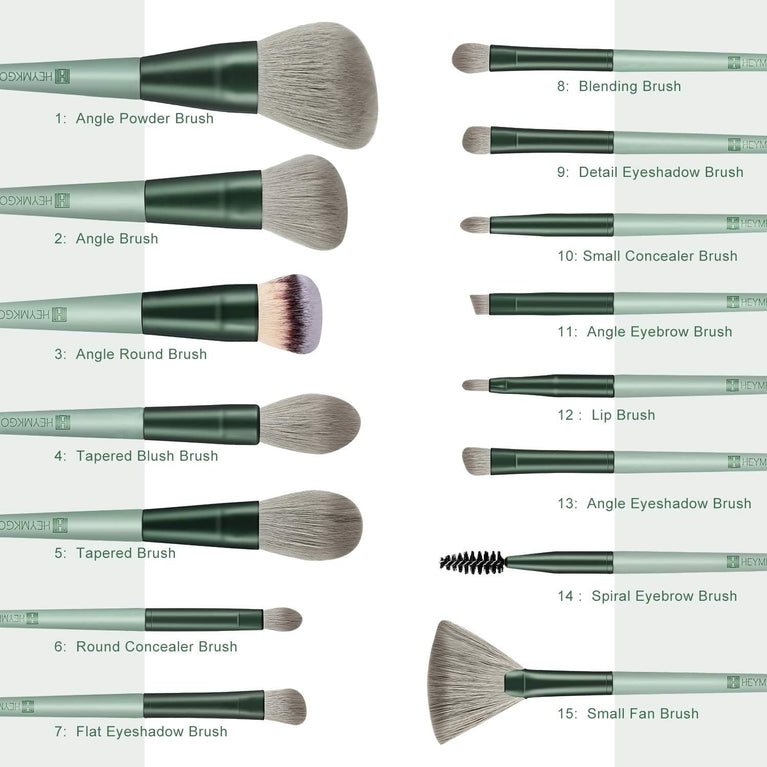 15-Piece Premium Green Makeup Brush Set with Stylish Conical Handles