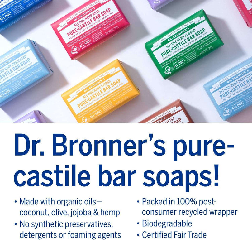 Dr Bronner's 3-in-1 Baby Unscented Pure-Castile Bar Soap, Made with Organic Oils with No Synthetic Fragrances, Used for Face, Body and Hair, Certified Fair Trade & Vegan Friendly, 140g Bar