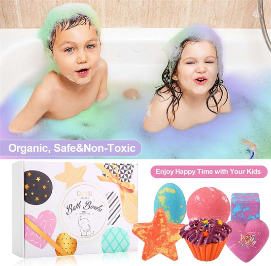Bath Bombs for Kids, DUAIU 6pcs Fizzy Bubble Bath Bombs for Kids & Women Organic Natural Kids Bath Bomb Gift Set with Essential Oils Kid-Friendly Fruit Fragrance and a Bathing Mesh Ball