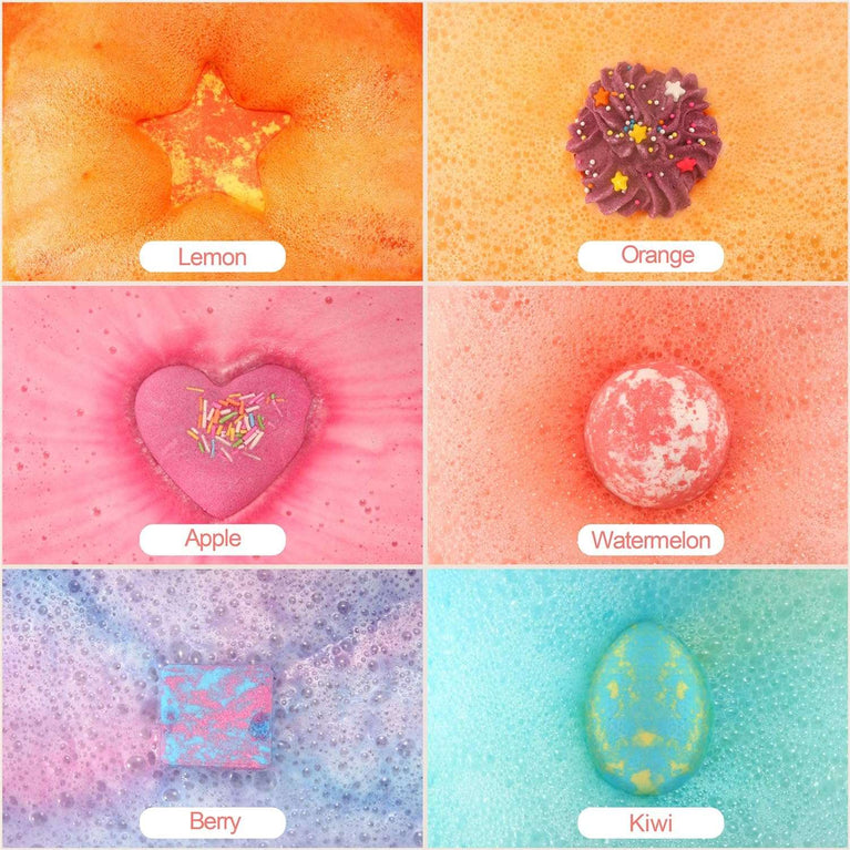 Bath Bombs for Kids, DUAIU 6pcs Fizzy Bubble Bath Bombs for Kids & Women Organic Natural Kids Bath Bomb Gift Set with Essential Oils Kid-Friendly Fruit Fragrance and a Bathing Mesh Ball