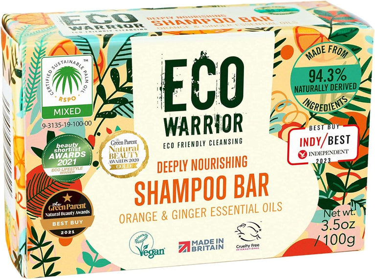 Eco Warrior Deeply Nourishing Shampoo Bar - Vegan, Cruelty Free, No SLS or Parabens, Pink Clay With Pure Orange & Ginger Essential Oils to Promote Healthy Hair - Natural Eco Friendly Shampoo - 100g