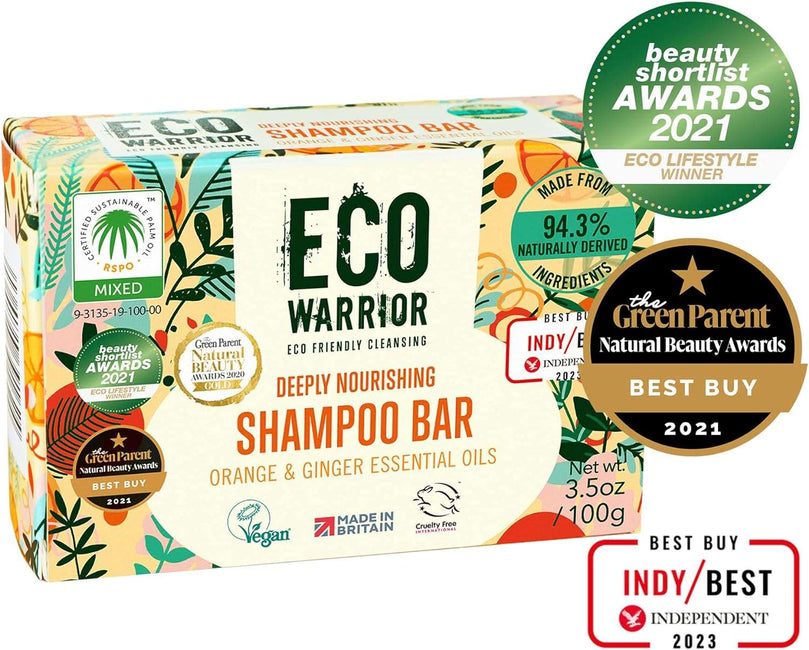 Eco Warrior Deeply Nourishing Shampoo Bar - Vegan, Cruelty Free, No SLS or Parabens, Pink Clay With Pure Orange & Ginger Essential Oils to Promote Healthy Hair - Natural Eco Friendly Shampoo - 100g