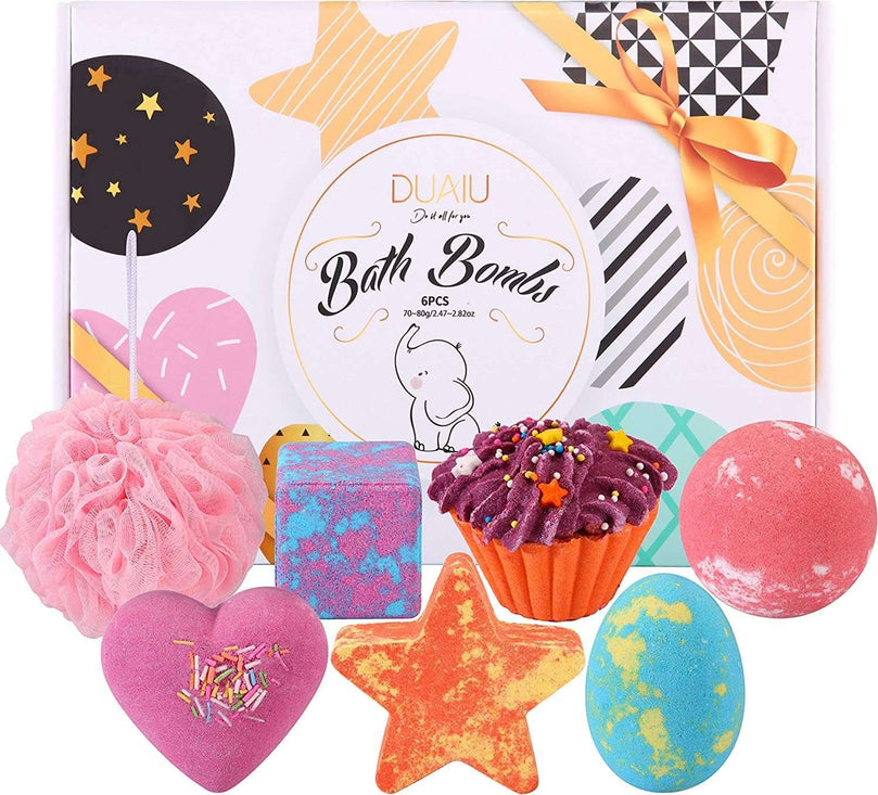 Bath Bombs for Kids, DUAIU 6pcs Fizzy Bubble Bath Bombs for Kids & Women Organic Natural Kids Bath Bomb Gift Set with Essential Oils Kid-Friendly Fruit Fragrance and a Bathing Mesh Ball