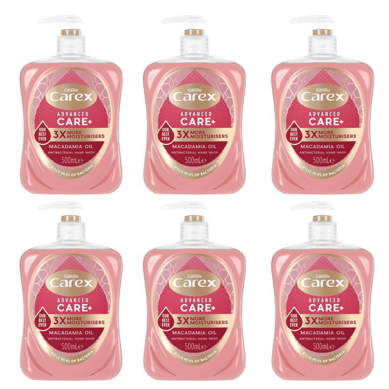 Carex Advanced Care Macadamia Oil Antibacterial Hand Wash, 3x More Moisturisers, Clean & Protect Hands, Bulk Buy, Pack of 6 x 500ml