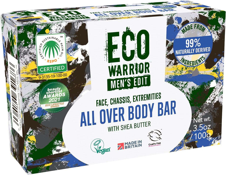 Eco Warrior Men's Edit All Over Body Soap Bar - Vegan, Cruelty Free, No SLS or Parabens Nourishing Mens Soap with Added Shea Butter and a Blend of Essential Oils - Natural, Eco Friendly, 100g