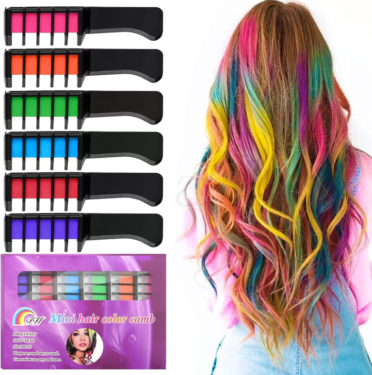 6 Colors Mini Washable Hair Chalk Combs for Kids - Metallic Glitter Hair Dye for Birthday Parties, Cosplay, and Special Events