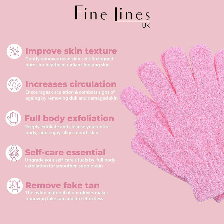 Fine Lines - Exfoliating Shower Gloves, Pack of 3 Pairs (6 pcs) - Exfoliating Glove for Bath scrub, Dead Skin Remover - Exfoliating mitt - Body Scrub Gloves with Hanging Hoops - Protected Design