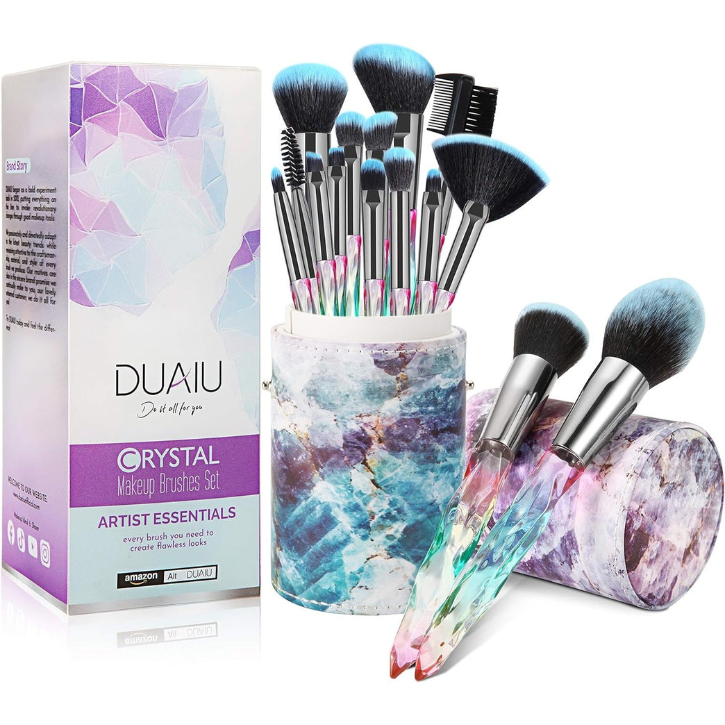 Crystal Gem Makeup Brushes Set with Starry Gift Box - 15pcs Professional Makeup Brush Collection in Blue