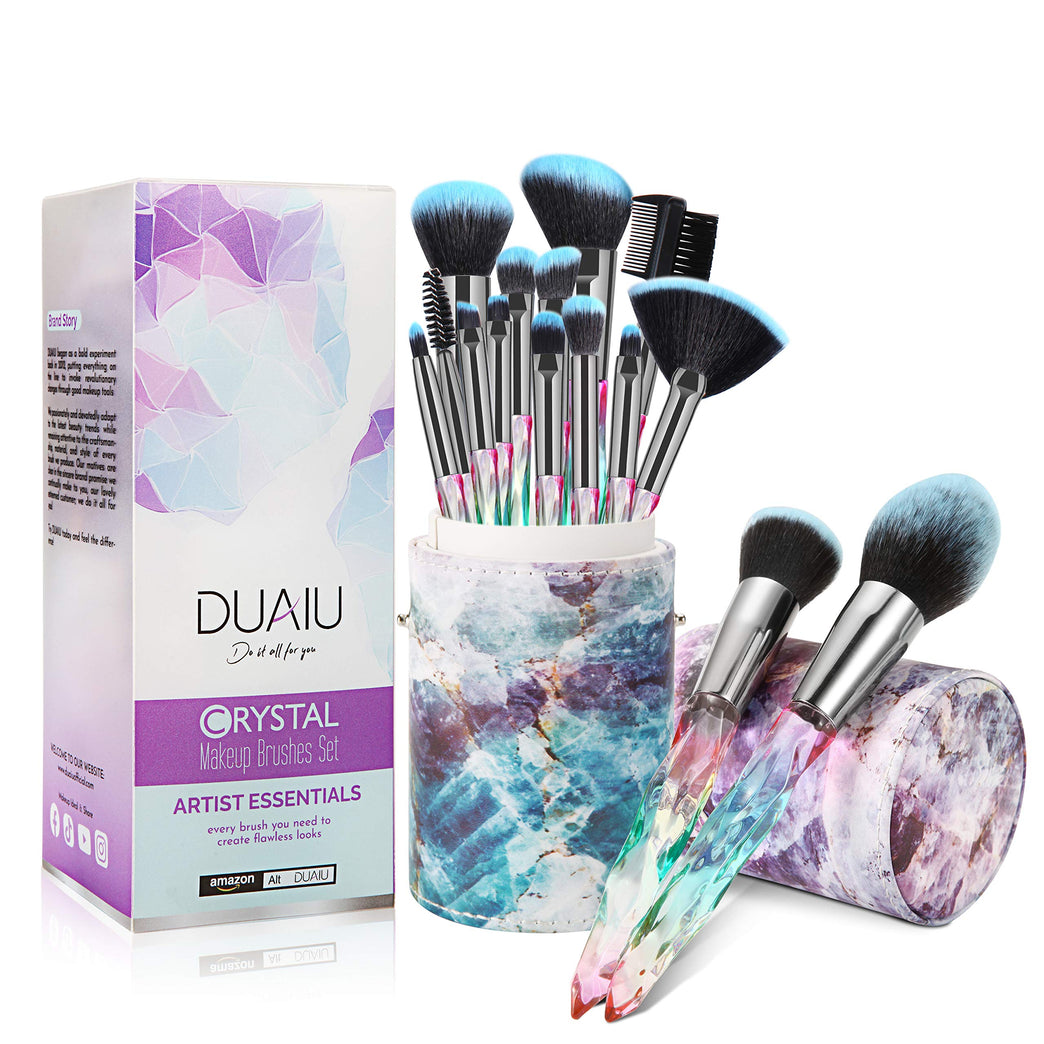 Crystal Gem Makeup Brushes Set with Starry Gift Box - 15pcs Professional Makeup Brush Collection in Blue