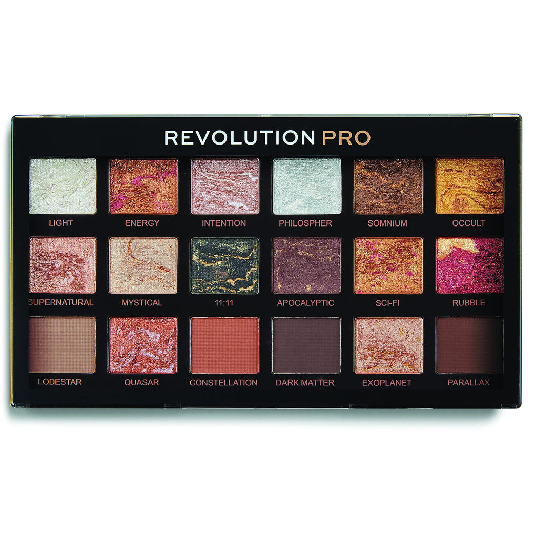 Astrological Galaxy-Inspired Regeneration Eyeshadow Palette by Revolution Beauty London Pro, 18 Warm Neutral Shades, 14.4g