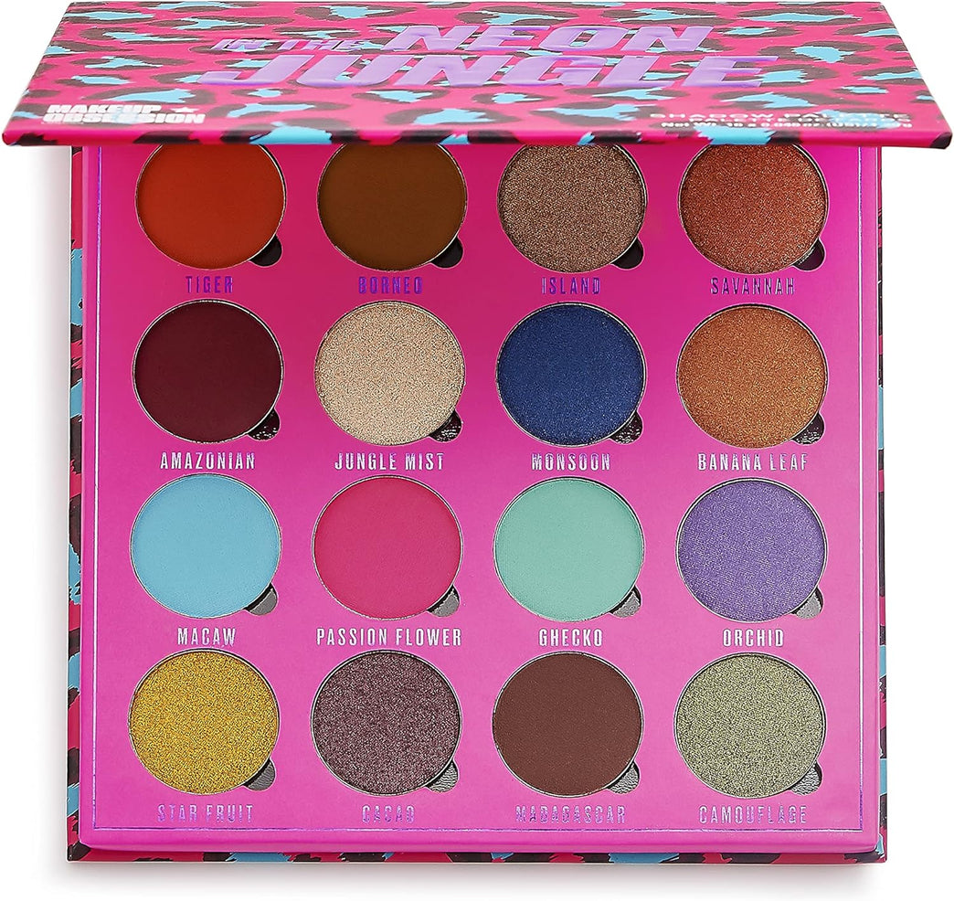 Wild Jungle Extravaganza: 16 Shade Eyeshadow Palette by Makeup Obsession London - Neon Inspired, Vegan and Cruelty Free, 20.8g