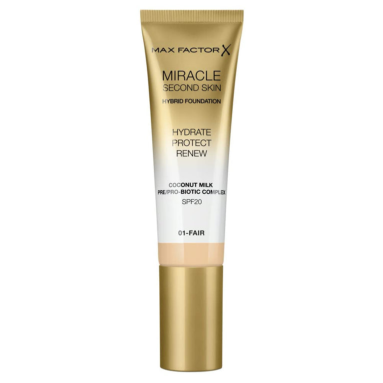 Max Factor Second Skin Miracle Touch Foundation, 01-Fair, 30 ml - Lightweight Hydrating Makeup with Skin Renewal Benefits