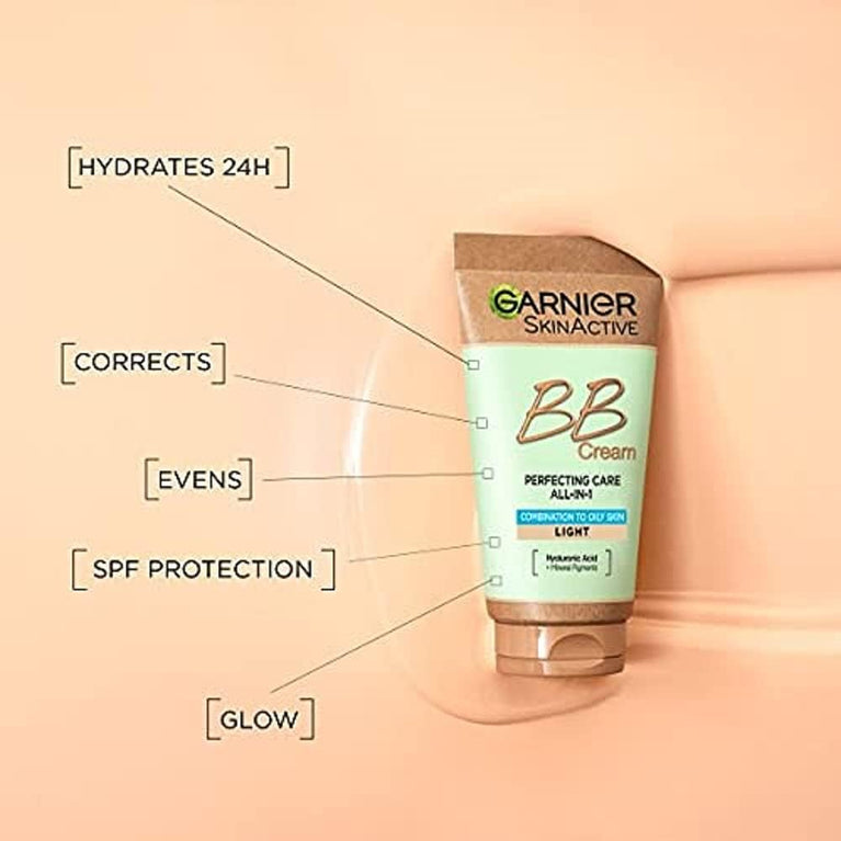 Garnier All-in-1 BB Cream with SPF25, Oil-Free & Mattifying, Light Shade, Hydrating Tinted Moisturiser with Hyaluronic Acid, Aloe & Mineral Pigments, Suitable for All Skin Types, 50ml