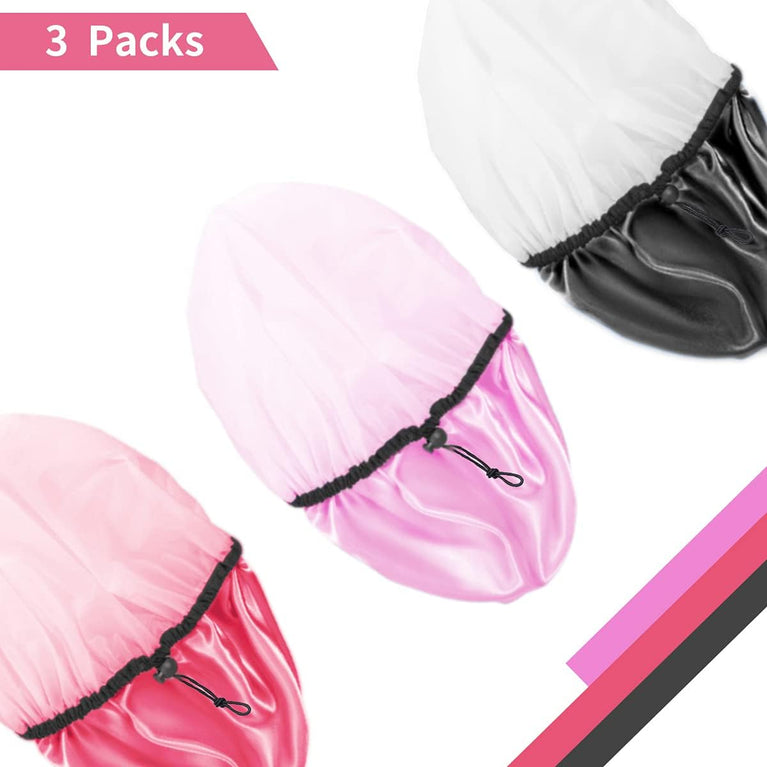 Adjustable Reusable Shower Cap Set for Women, Extra Large, Waterproof, 3-Pack, All Hair Lengths, 3 Colors