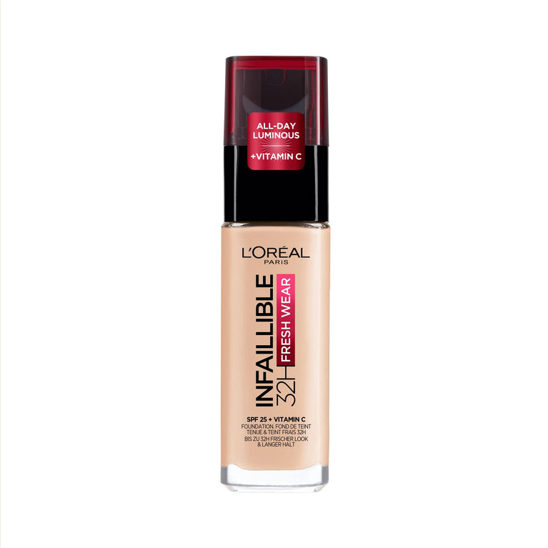 L'Oréal Paris Infallible 32H Fresh Wear Foundation in 20 Ivory - Full Coverage, Long-lasting, Waterproof, SPF 25, Enriched with Vitamin C for Flawless Finish