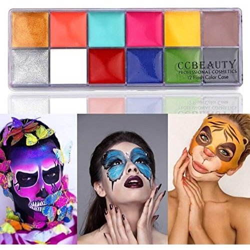 CCbeauty Professional 12-Color Face and Body Paint Makeup Kit with Special Effects, High Coverage Oil-Based Cream Formula, 10 Blue Artist Brushes Included, Hypoallergenic, Perfect for Cosplay and Halloween Costumes