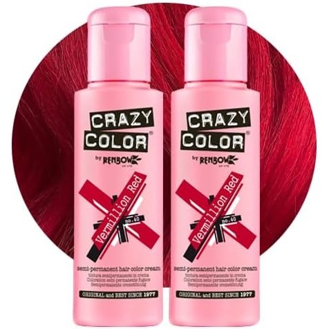 Crazy Color Vibrant Vermillion Red Semi-Permanent Duo Hair Dye. Highly Pigmented Scarlet Red Conditioning & Oil Nourishing Vegan Formula | No Bleach or Ammonia | 200ml