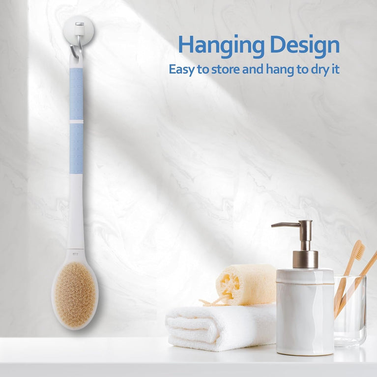 Blue Long Handled Body Shower Brush Back Scrubber with Stiff and Soft Bristles