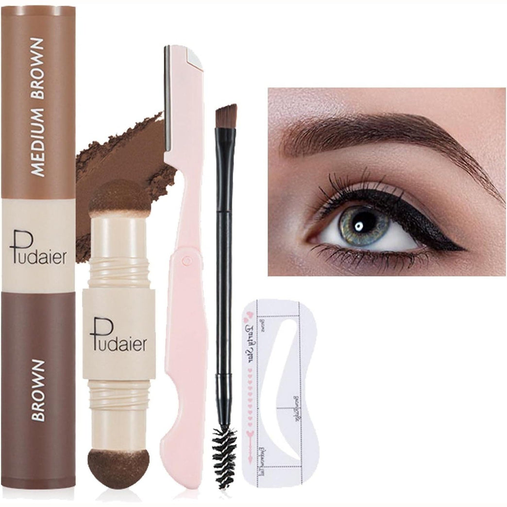 Ultimate Eyebrow Shaping Kit with Long-lasting Waterproof Brow Cream, Stamp Set and Reusable Stencils - Perfect for Beginners (Medium Brown & Brown)