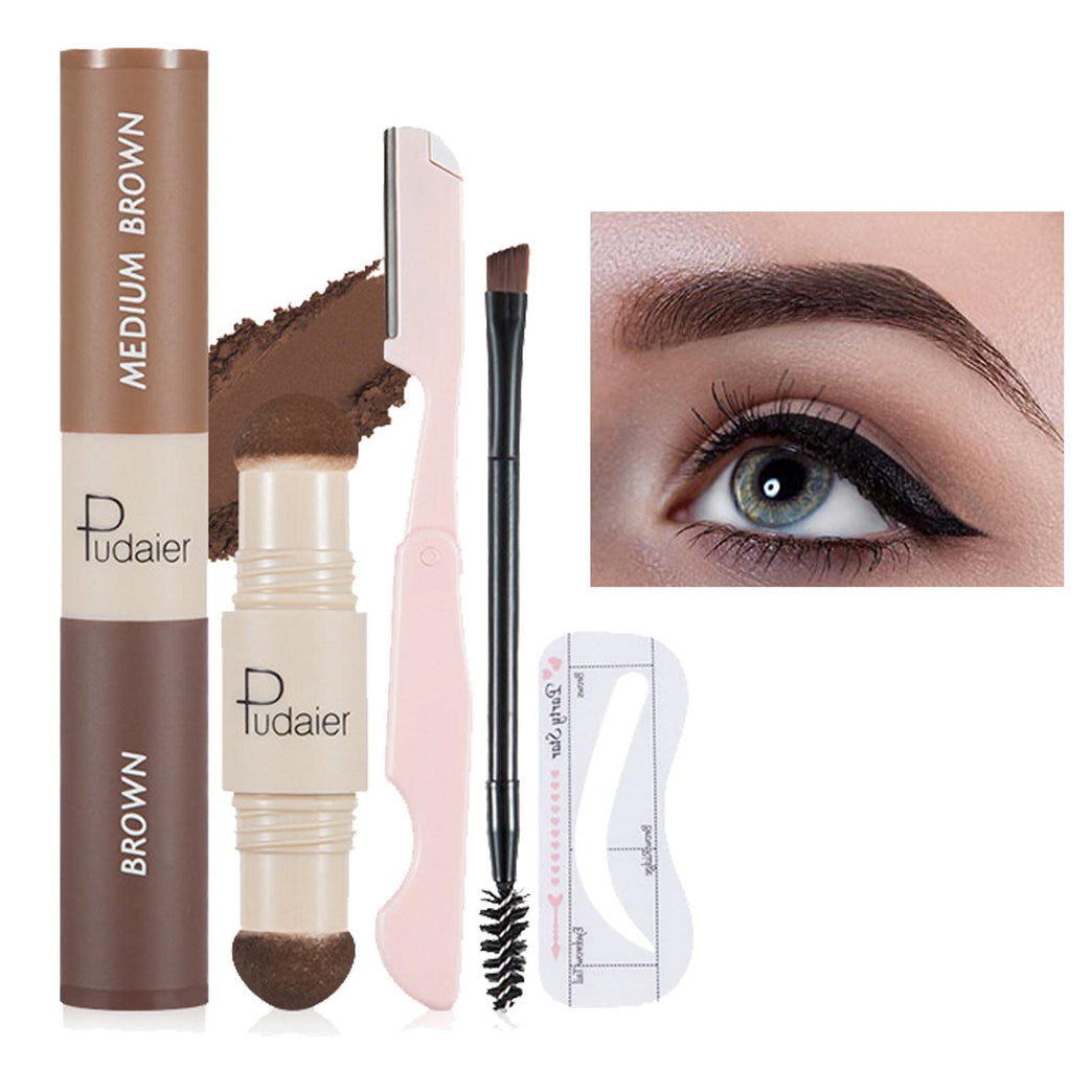 Ultimate Eyebrow Shaping Kit with Long-lasting Waterproof Brow Cream, Stamp Set and Reusable Stencils - Perfect for Beginners (Medium Brown & Brown)