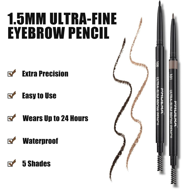 PHOERA Precision Eyebrow Pencil with Dual-End Brush - Long Lasting, Ultra-Slim Brow Pen for Natural Look (104#Dark Brunette)