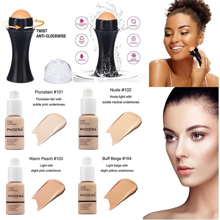 Ultimate 6-in-1 Matte Liquid Foundation Kit with Volcanic Oil-Control Rollers and Face Primer