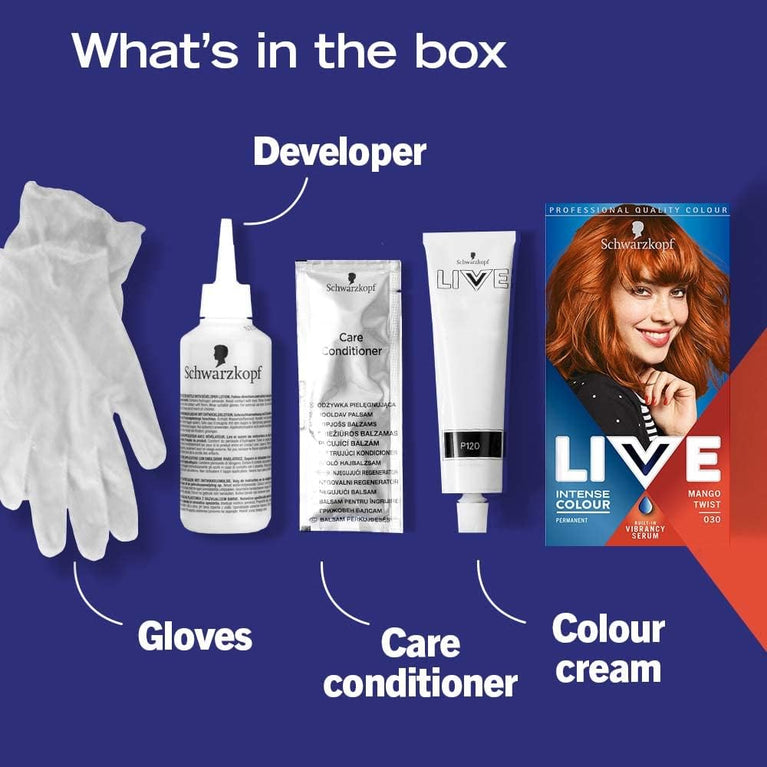 Schwarzkopf LIVE Intense Color, Long Lasting Orange Copper Hair Dye with Vibrancy Serum, Mango Twist