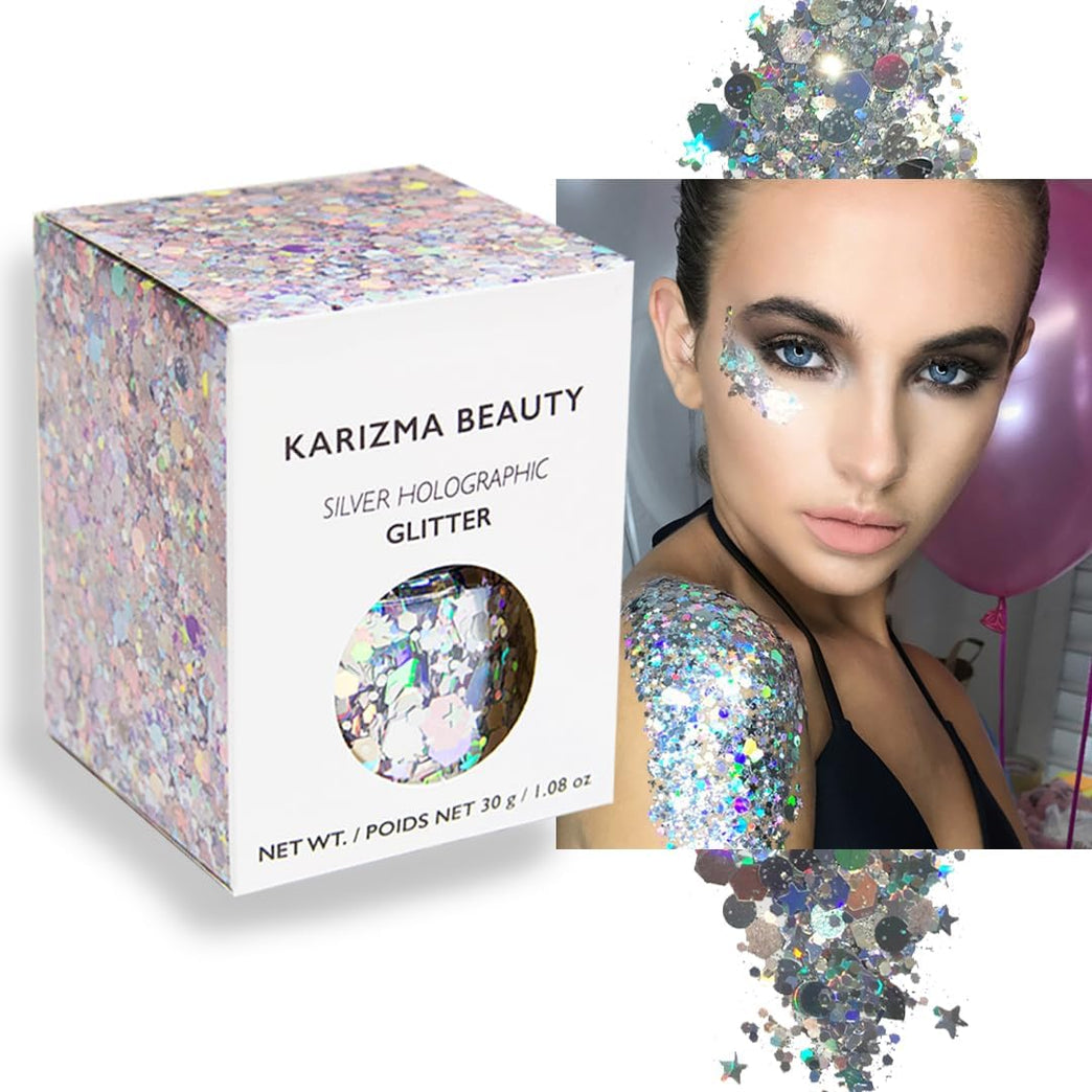 Karizma Beauty Silver Spectrum Holographic Glitter for Face and Body - Vegan and Cruelty-Free 30g Jar